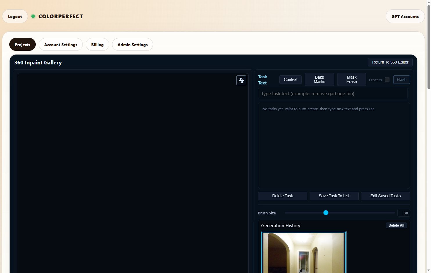 ColorPerfect desktop Inpaint Gallery with an editable captured panorama view