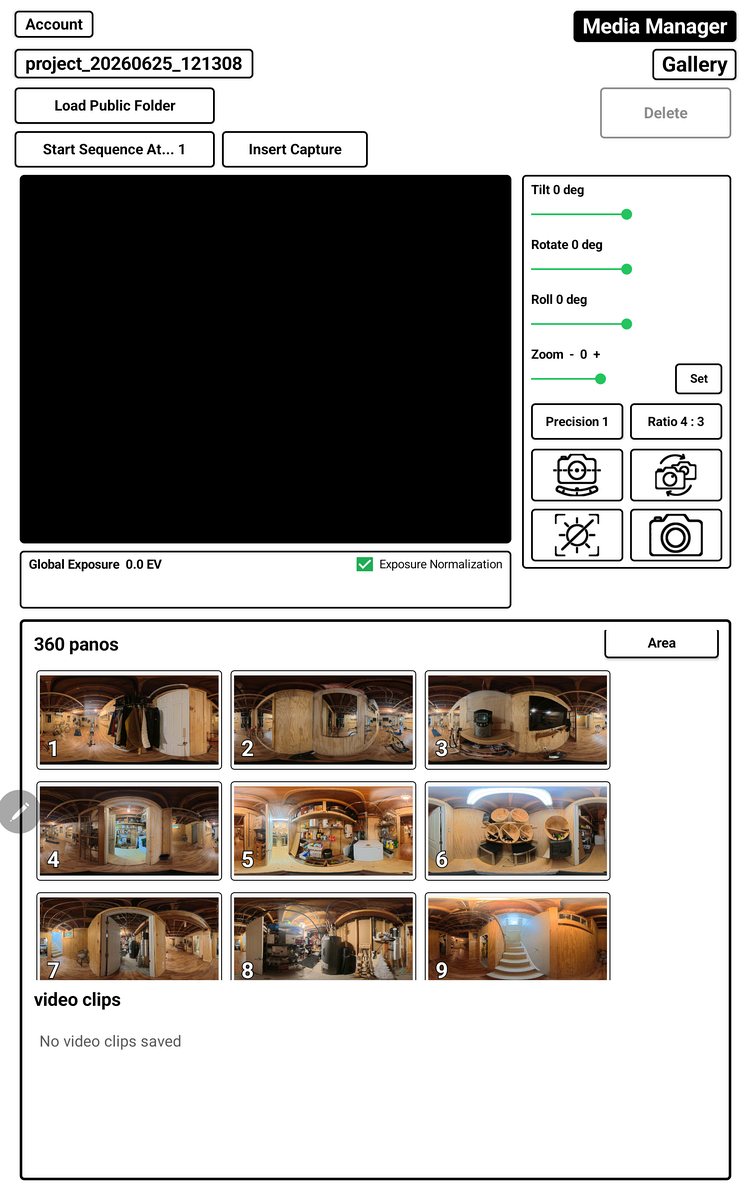 ColorPerfect Android tablet Media Manager showing project panoramas